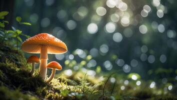 Mushroom Family Growing in Forest with Bokeh Sunlight Effect photo