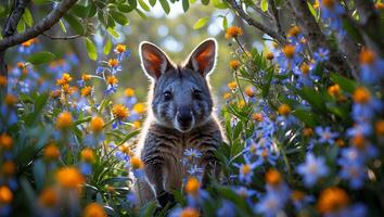 Wallaby Standing Among Colorful Flowers in Natural Habitat Outdoors photo