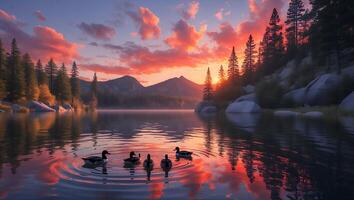 Ducks Swimming on Lake at Colorful Sunset with Mountain Backdrop photo