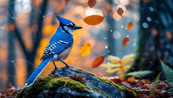 Blue Jay Bird Perched on Mossy Rock in Autumn Forest Setting photo