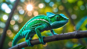 Green Chameleon Climbing Branch with Sunlight Filtering Through Forest Canopy photo