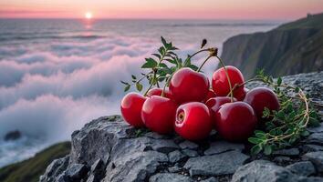Cherries on Rocky Cliff Overlooking Sea with Sunset and Clouds photo