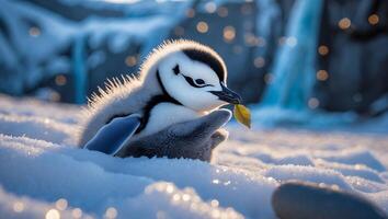 Penguin Chick Holding Leaf Stands in Snow at Winter Landscape photo