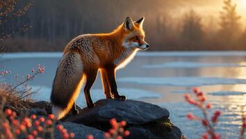 Red Fox Standing on Rock Overlooking Frozen Lake at Sunset photo