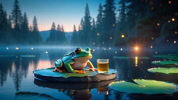 Frog on Lily Pad with Drink in Serene Lake Setting photo