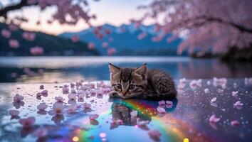 Lying Kitten with Blossom Petals at Waters Edge with Mountains photo