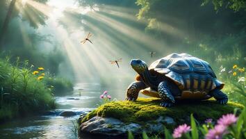 Turtle Resting by Stream with Dragonflies and Sunlight in Forest photo
