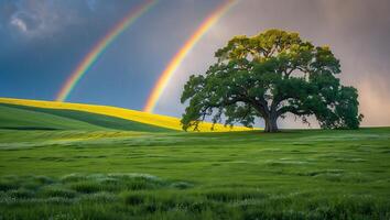 Majestic Tree Stands Tall Amidst Rainbow Landscape with Rolling Green Hills photo