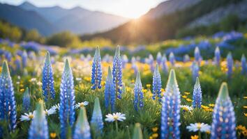 Flowering Meadow with Lupin and Daisy Blossoms in Mountain Landscape photo