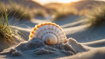 Seashell Resting on Sand Dunes at Sunset with Dune Grass photo