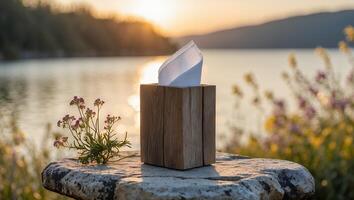 Tissue Box on Stone Table with Lake View at Sunset photo