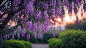Flowering Vines Cascade in Garden at Sunset, Creating Romantic Scene photo