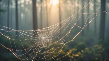 Spiderweb with Dew Drops in Forest During Early Morning Light photo