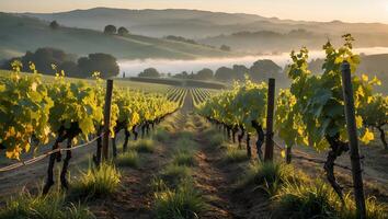 Vineyard Row at Sunrise Rows of Grapevines and Misty Hills photo