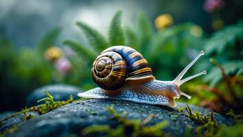 Snail Crawling on Mossy Rock in Lush Green Garden Setting photo