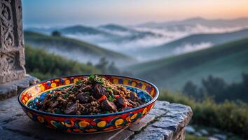 Dish of Flavorful Grains and Meat on Stone with Mountain View photo