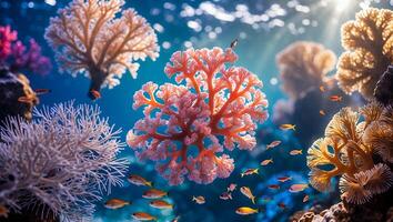 Exploring Vibrant Coral Reef with Fish Swimming in Clear Blue Water photo