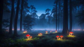 Glowing Mushrooms Illuminating Dark Forest Floor at Night with Blue Sky photo