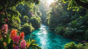 Flowing River Through Lush Tropical Forest with Vibrant Floral Accents photo