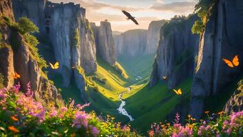 Eagle Flying Over a Beautiful Canyon Landscape with Colorful Wildflowers photo