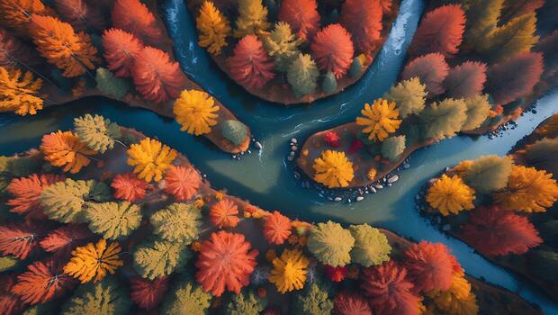 Aerial View of Autumn Forest with River Curving Through Landscape photo