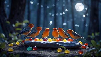 Orange Birds Gather Around Gummy Candies in a Magical Forest Scene photo