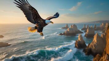 Eagle Flying Over Ocean with Rock Formations at Sunset Scene photo