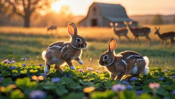 Two Rabbits Playing in a Meadow with Flowers at Sunset photo