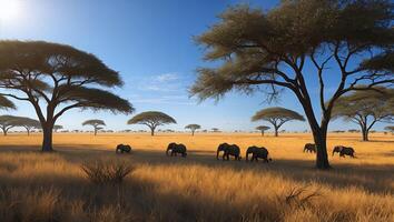 Elephants Walking Through Savannah Landscape with Acacia Trees and Clear Sky photo