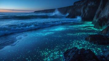 Ocean Bioluminescence Creates a Glowing Effect on Coastline at Dusk photo