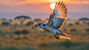 Hawk Flying Over Savannah at Sunrise in Natural Habitat Scenery photo