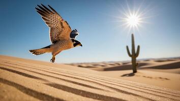 Bird Flying Over Sand Dunes with Cactus Under Sunny Sky photo