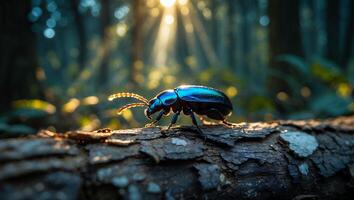 Blue Beetle Exploring a Fallen Log in a Sunlit Forest photo