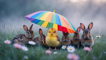 Bunnies and Chick Standing Under Colorful Umbrella in Meadow with Flowers photo