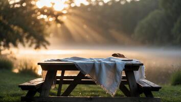 Picnic Table by Lake with Blanket and Feather at Sunrise photo