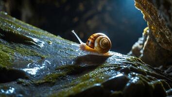 Snail Crawling on Mossy Rock Formation in Dark Cave Setting photo