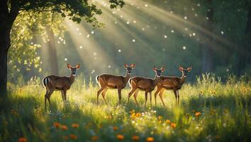 Deer Grazing in Sunny Meadow with Wildflowers and Greenery photo