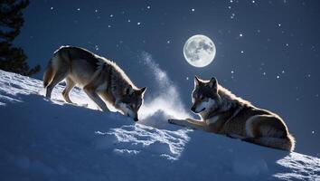 Wolves in Snowy Landscape at Night Under Full Moon and Stars photo