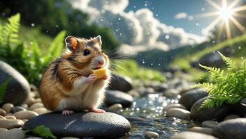 Hamster Eating Cheese Beside Stream with Greenery and Sunny Sky photo