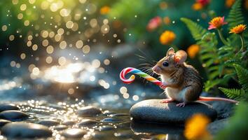 Mouse Holding Colorful Candy Cane Sitting on a Rock by Water photo