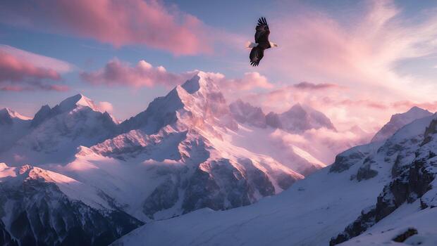 Eagle Soaring Over Snowy Mountain Peaks with Colorful Sky Backdrop photo