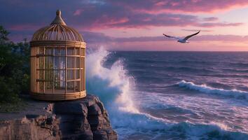 Birdcage on Rocky Cliff Overlooking Ocean with Breaking Waves and Seagull photo