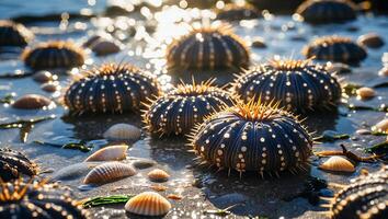 Sea Urchins and Seashells on Wet Sand at Sandy Beach Shore photo