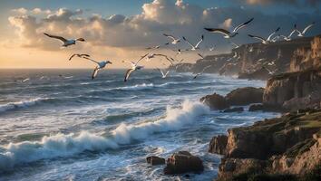 Seagulls Flying Over Ocean Waves Crashing on Rocky Cliffs Coastline photo