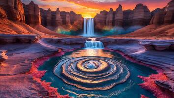 Waterfall and Desert Landscape with Colorful Sky Reflection in Rippled Water photo