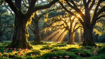 Sun Rays Streaming Through Trees in Forest with Wild Mushrooms photo