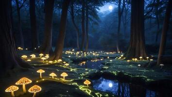 Glowing Mushrooms in Dark Forest with Moon Reflecting on Water photo