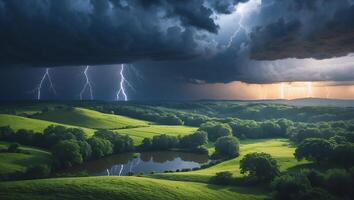 Dramatic Lightning Storm Over Green Landscape with Pond Reflection photo