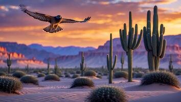 Hawk Flying Over Desert Landscape with Cactus and Mountains at Sunset photo