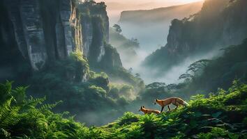 Two Foxes Walk Through a Lush Green Canyon Landscape Scenery photo